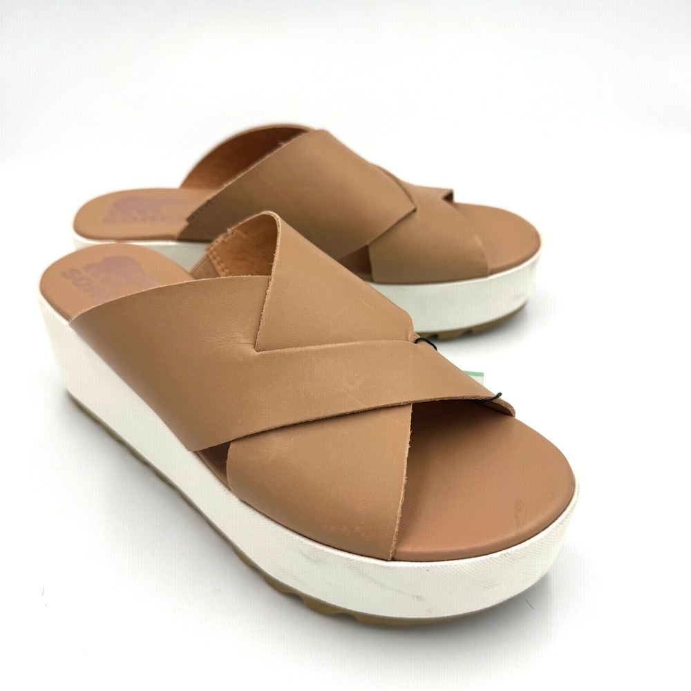 Sorel Cameron Flatform Sandals Tan Leather Cross Strap Platform Slides Size 7